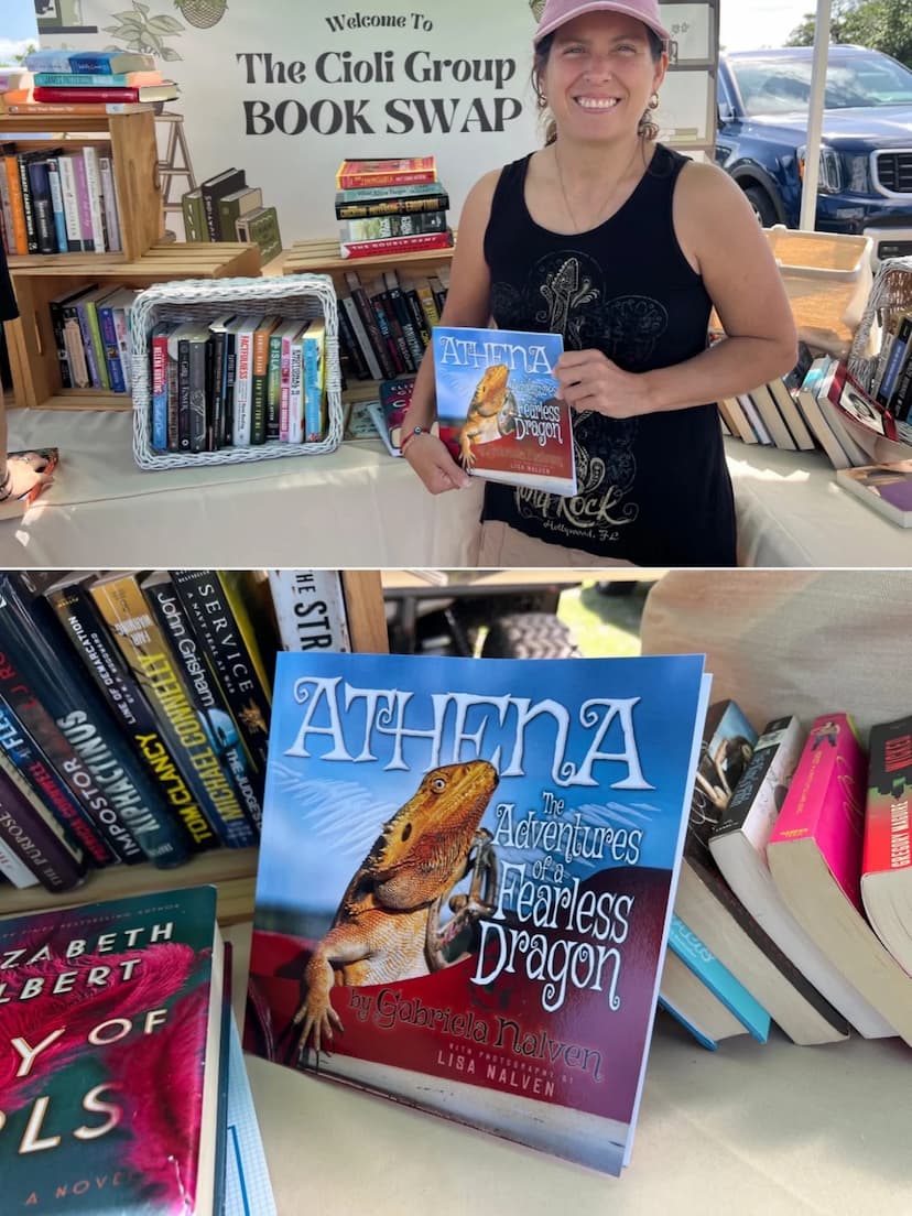 Gabriela Nalven holding her book Athena: The Adventures of a Fearless Dragon